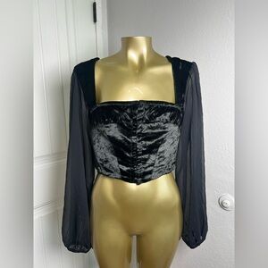 Urban Outfitters Black Velvet Corset Peggy Bustier Sheer Sleeve Top Size S